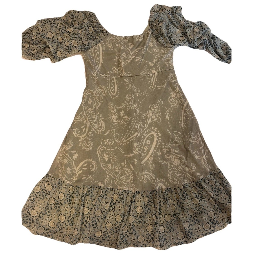 Women's Ruffle Dress XS Green Boho Fairy Y2K Cottage Core Baby doll Mixed Print